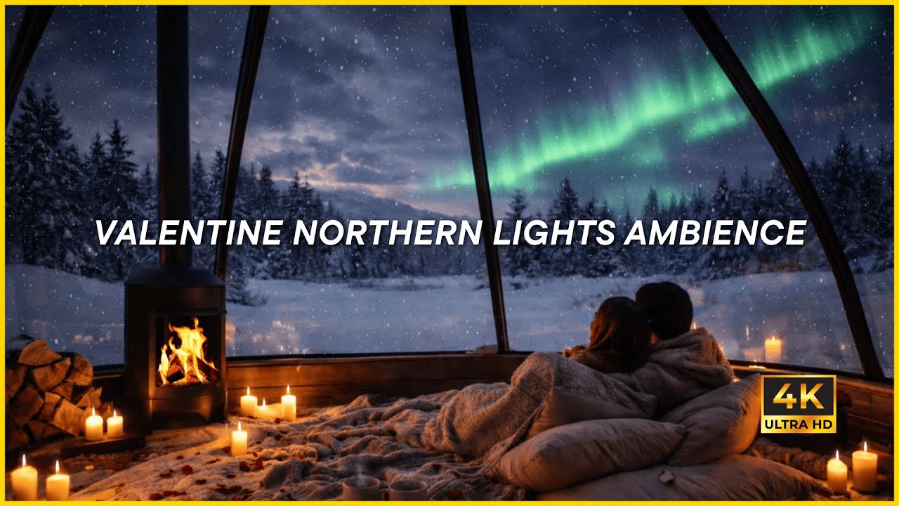 VALENTINE NORTHERN LIGHTS AMBIENCE (4K) | Romantic Glass Cabin Night, Cozy Fireplace View