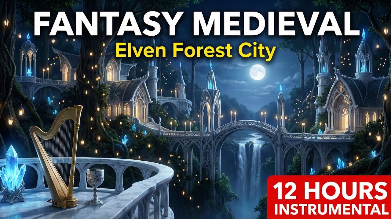 Fantasy Medieval Music Elven Forest City | 12 Hours Harp & Ethereal Flute Background Music for Sleep