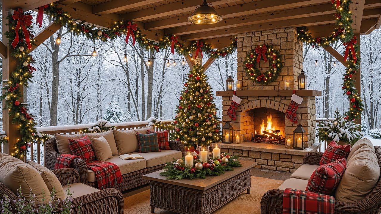 Cozy Winter Ambience with Relaxing Christmas Music 🎄 Crackling Fireplace & Snow for Relaxation