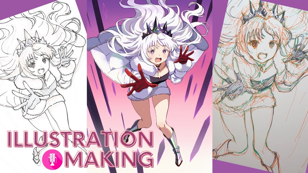 Falling White-Hair Girl with a Crown: ASMR Ball-Point Sketch → Full Digital Paint-Over