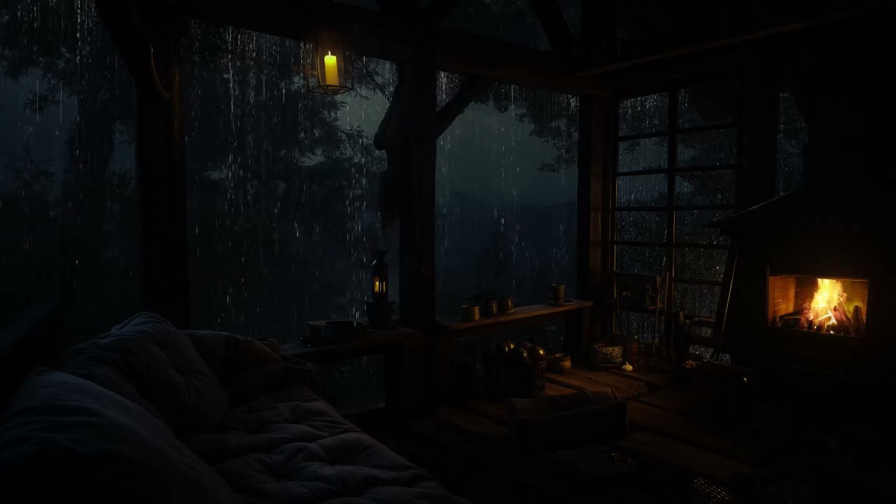 Instantly Fall Asleep with Rain and Thunder Sound at Night in Cozy Cabin with Fireplace