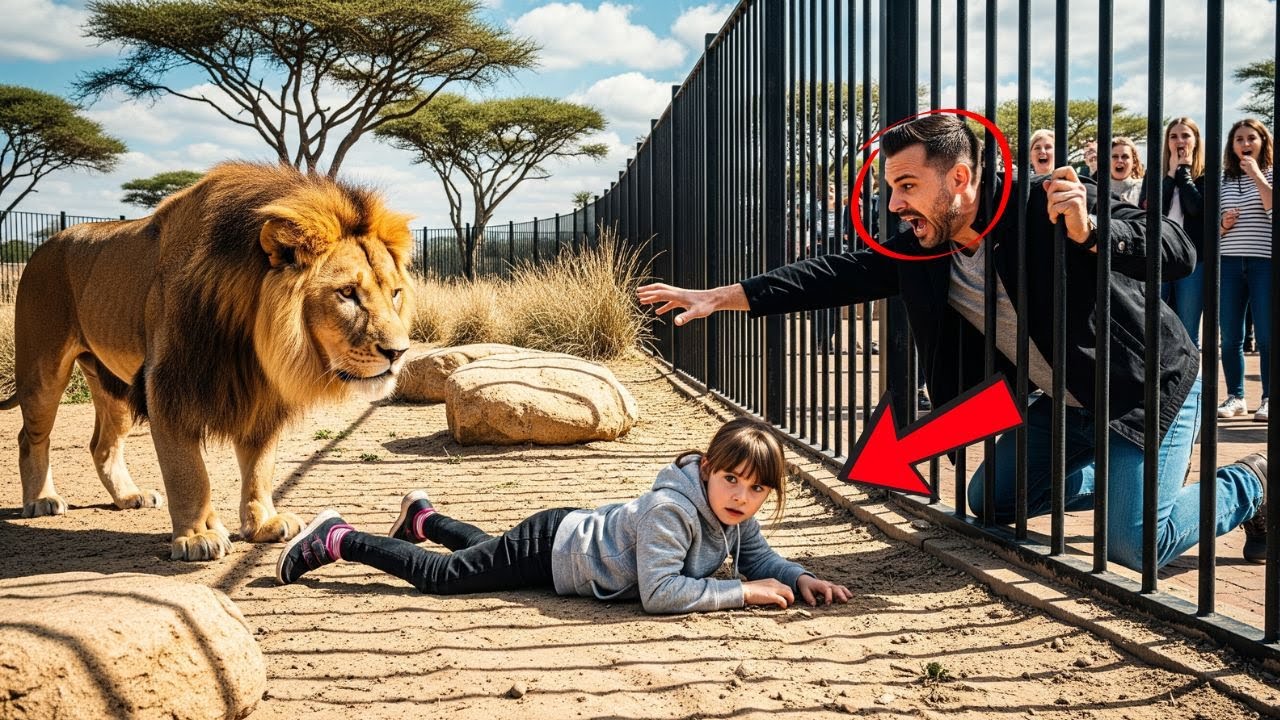 Fille tombe dans l'enclos du lion et le père tente de la sauver — La réaction du lion est chocante