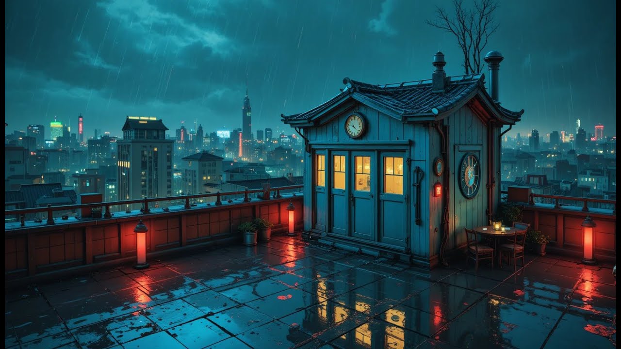 No Ads - Rain After Midnight 🌧️ Cozy Rooftop Cafe with Lo Fi Loop Hip Hop Music