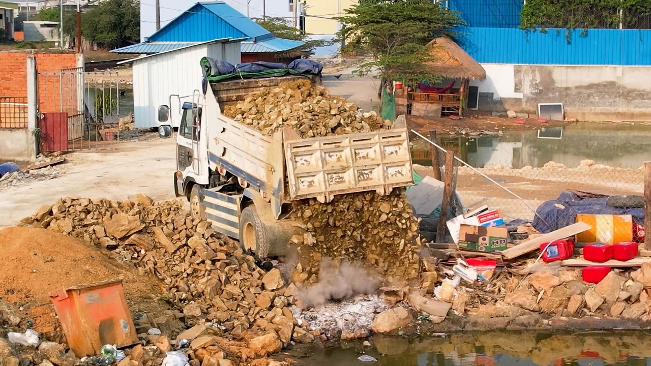 O.M.G Be Watchful! Incredible Start New Landfill Task By Dozer Push Stone & Dump Truck 5Ton Unload