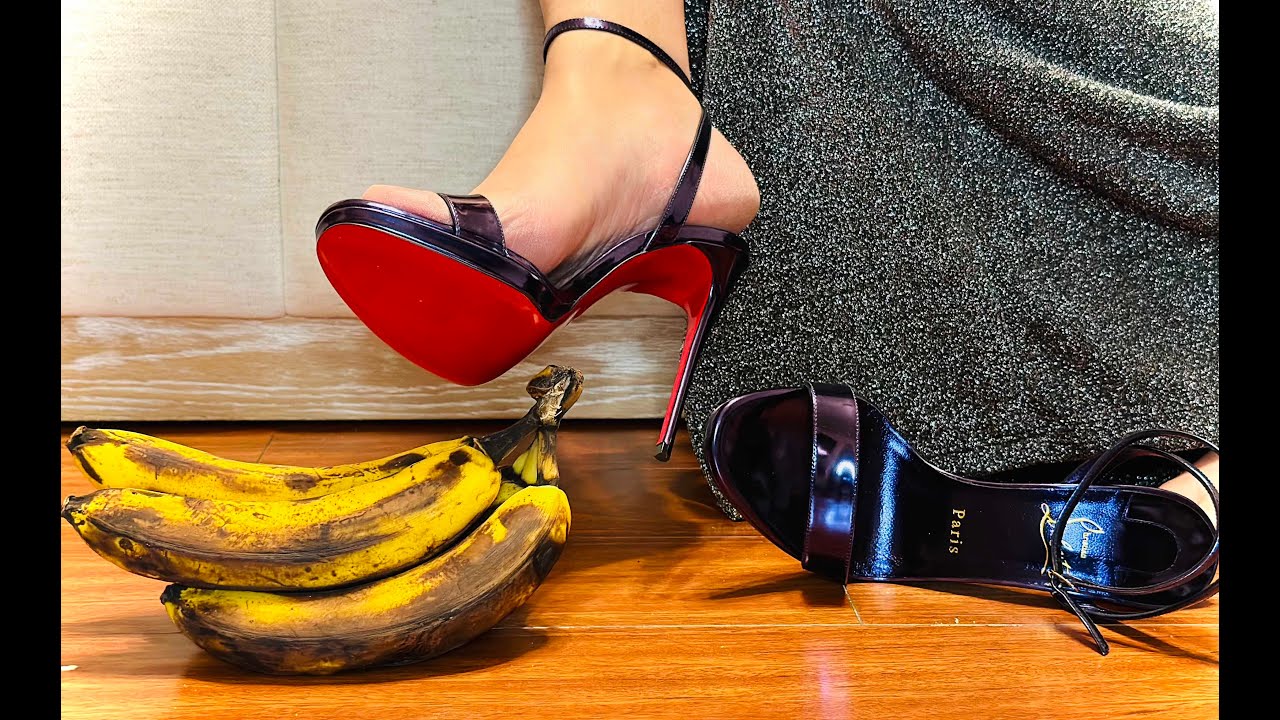 ASMR 👠🍌🦶🏻 BANANA CRUSH bare feet | Purple Christian Louboutin red bottom squish stomp Sparkle Dress