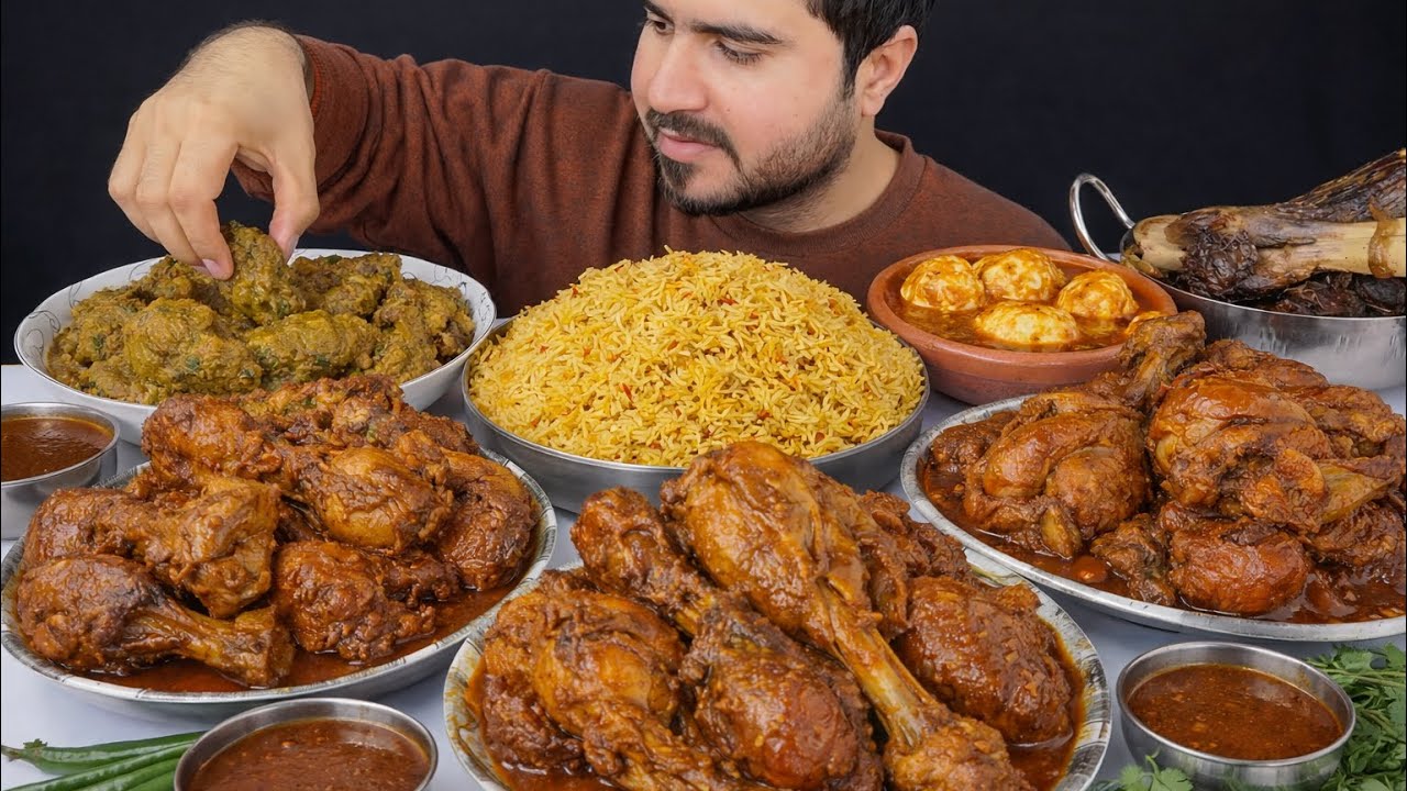 ASMR; Eating Spicy Chicken Bhuna Spicy Chicken Legs Curry Spicy Eggs Curry Namkeen Mutton Mukbang216