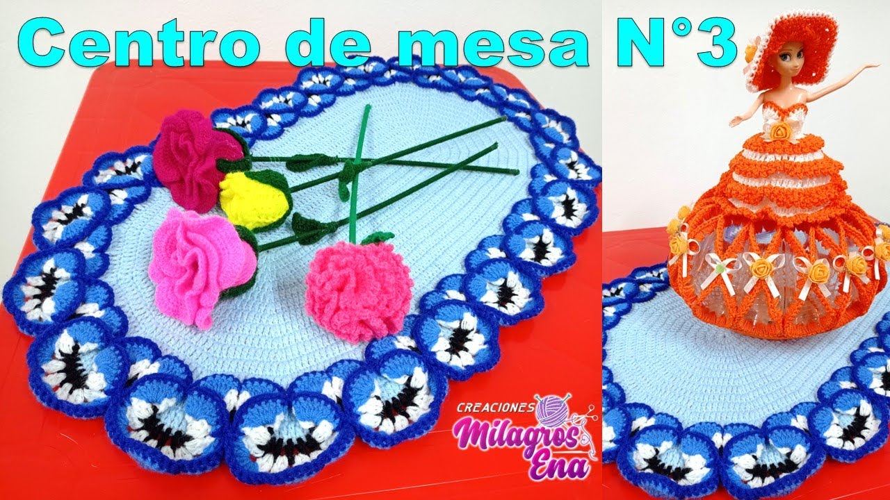 Centro de mesa N° 3 ovalado tejido a crochet con Flores PENSAMIENTO paso a paso - MILAGROS ENA