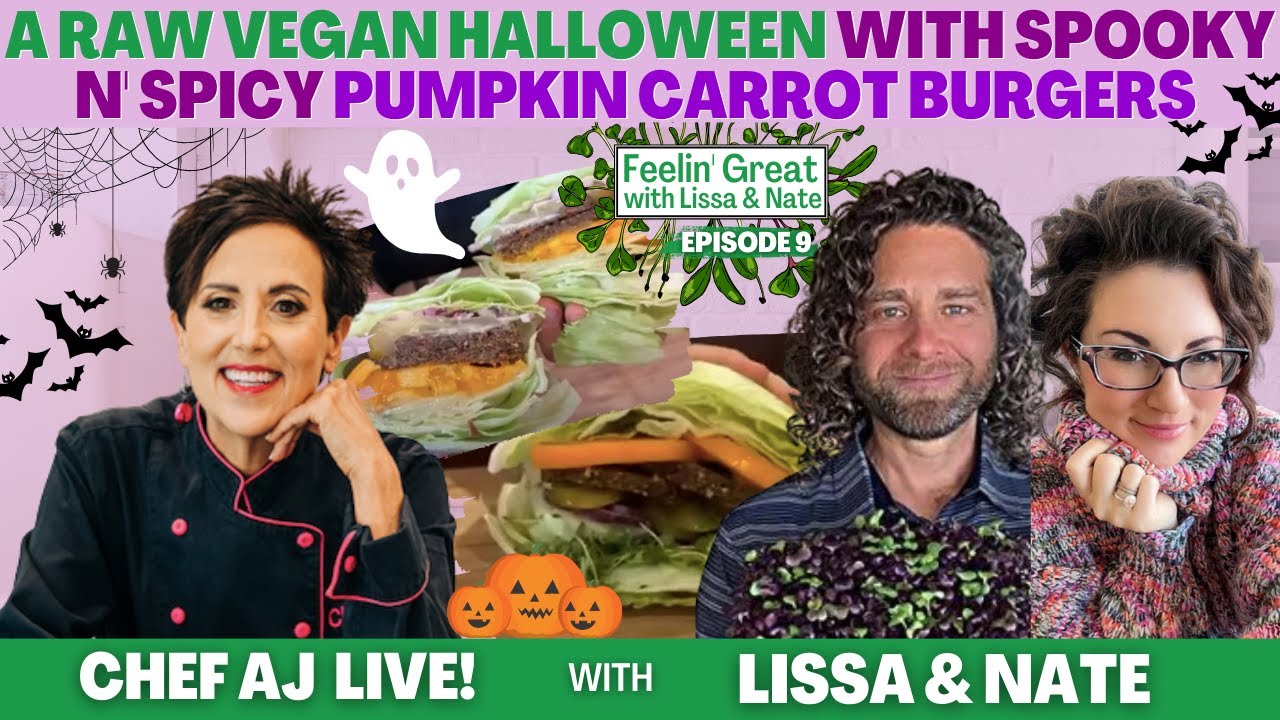 A Raw Vegan Halloween with Spooky n' Spicy Pumpkin Carrot Burgers - Feelin' Great with LIssa n' Nate