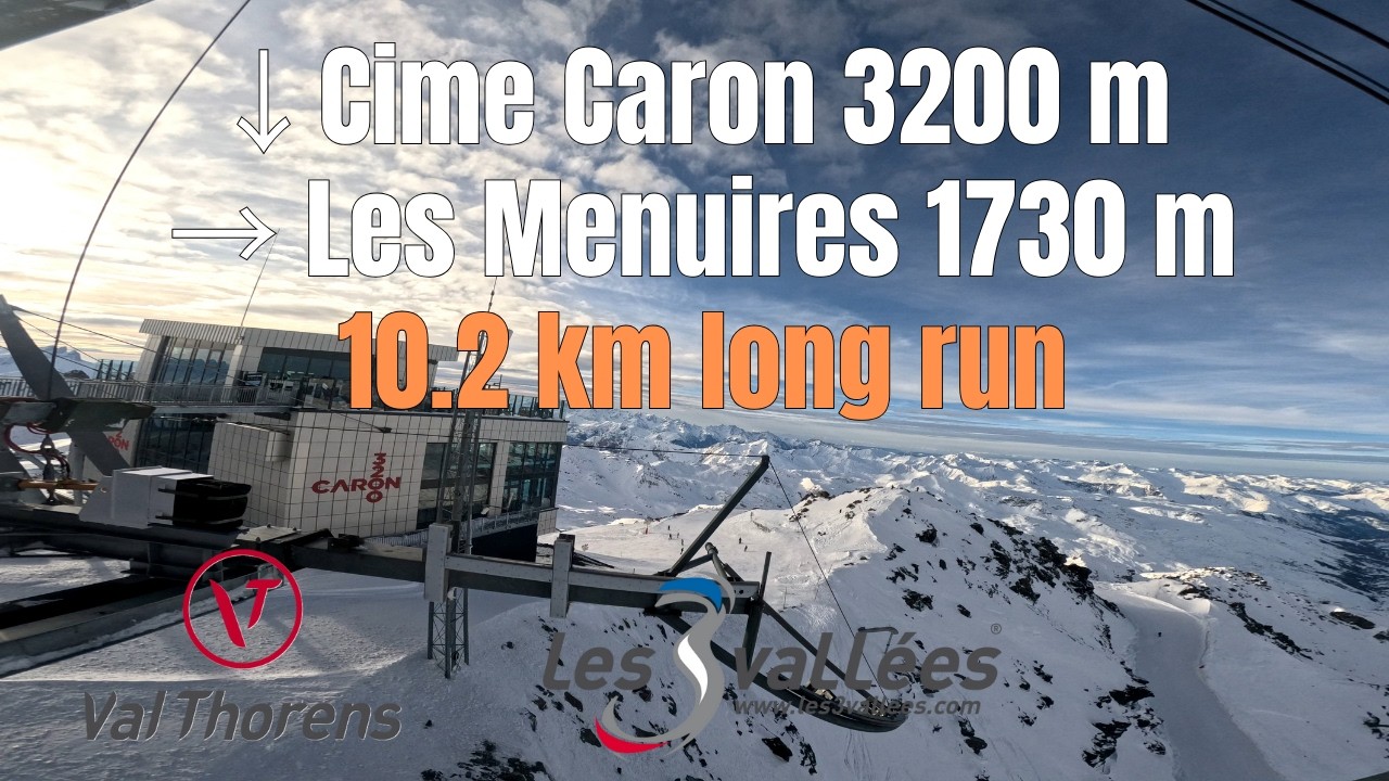 [4K] POV Skiing 10.2km long run Cime Caron to Les Menuires sunny day in Val Thorens, Les 3 Vallées