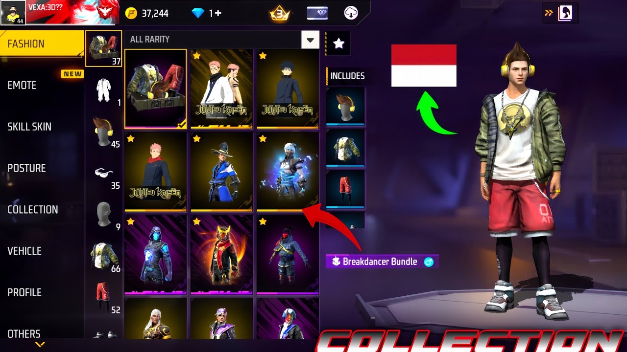 FF Indonesia Server Collection Break Dance Free Bundle 🤩 Garena Free Fire