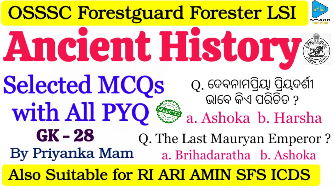 Ancient History Selected Questions | Ancient History of India |  Selected MCQs@PATTANAYAKEDUCATION