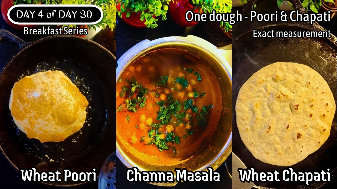 Day 4: ಒಂದು ಹಿಟ್ಟು – ಎರಡು Breakfast! 🥣 ಪೂರಿ & ಚಪಾತಿ ಜೊತೆ ಕಡಲೆ ಮಸಾಲೆ 😋 | 30 Day Breakfast Series