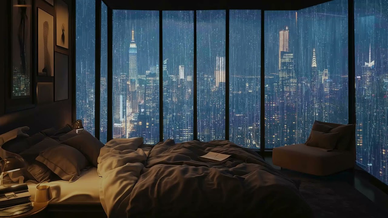 Raindrops on Glass and City Lights Aglow: A Cozy Night Retreat with Coffee, Books Rhythm of the Rain
