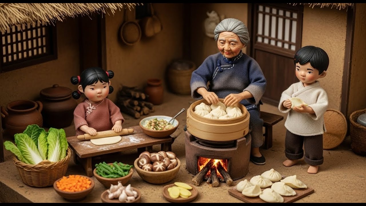 Miniature Doll Grandma Cooking Dumplings | ASMR Relaxing Family Village Story