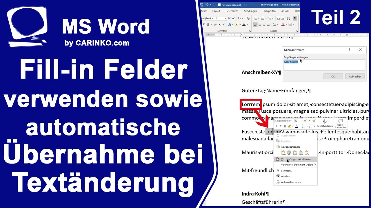 In MS Word Fill-in Felder verwenden sowie Textänderungen automatisch übernehmen Teil 2 - carinko.com
