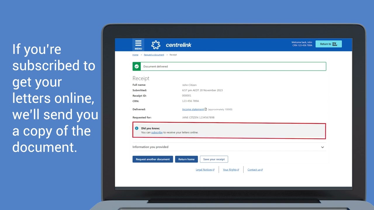 Request a document &ndash; Centrelink online account