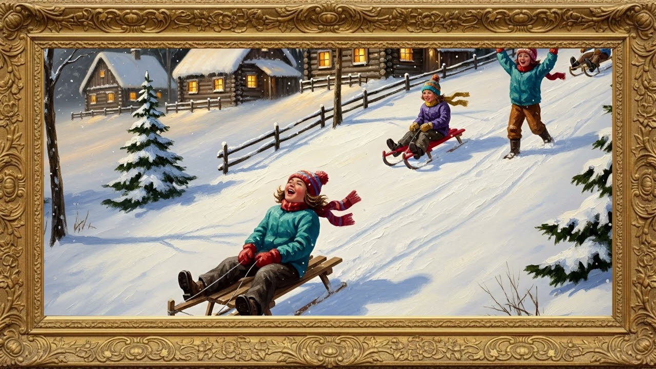 Sledding oil painting winter | Landscape Screensaver Oil Paining 4K Resolution