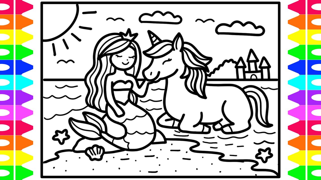 Как нарисовать принцессу-русалку и единорога для детей 👑🦄💜💛💗 Рисование и раскрашивание русалки и ...