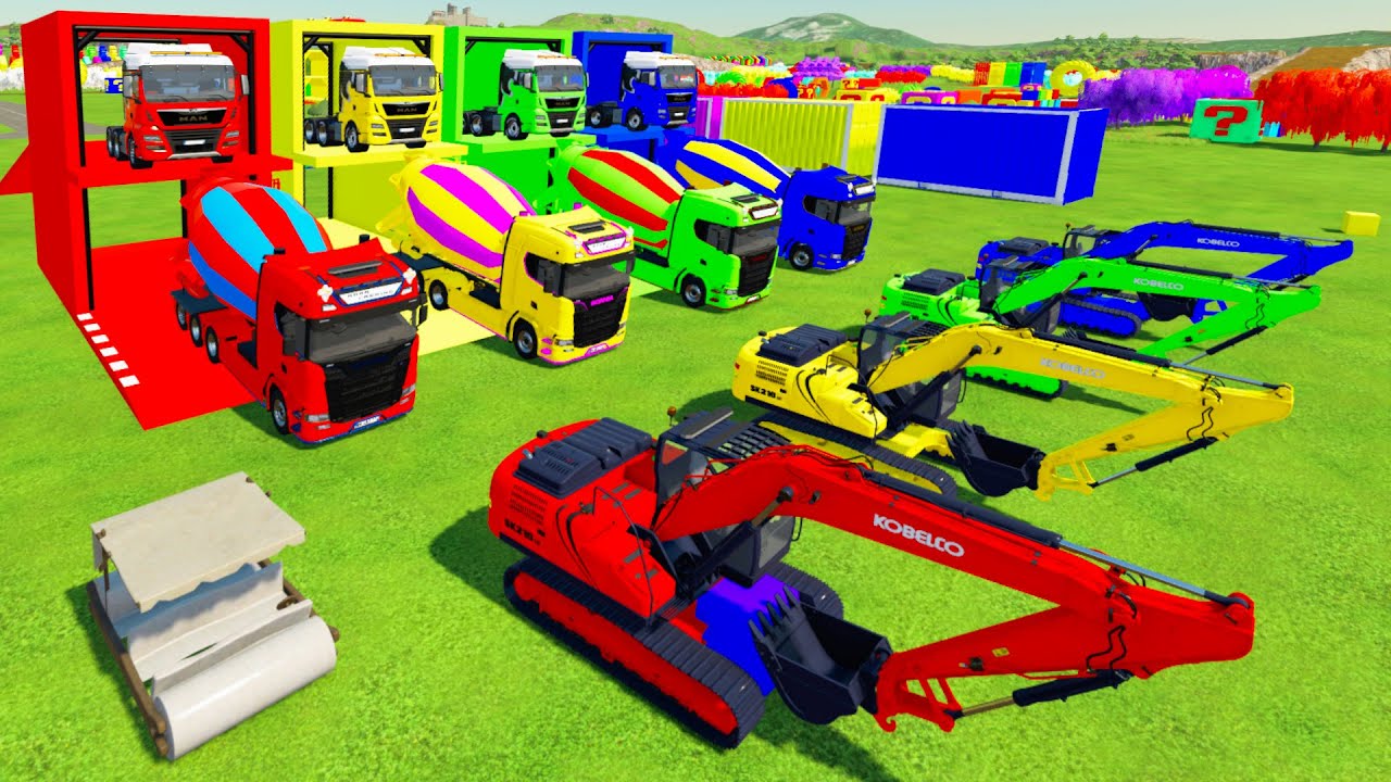 Colorful trucks - ALL COLORFUL KOBELCO SK 210 EXCAVATOR, SCANIA MIXER TRUCK TRANSPORTING TO  GARAGE