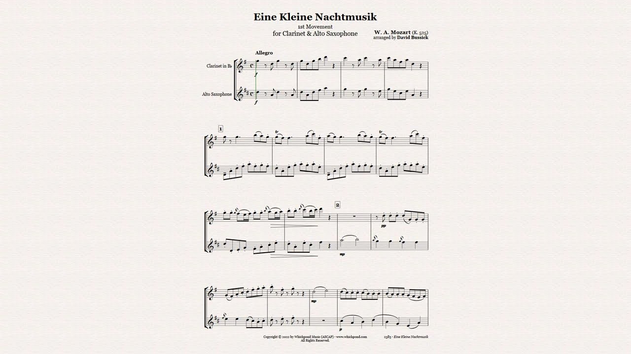 Mozart Eine Kleine Nachtmusik for Clarinet & Alto Saxophone Duet PDF Sheet Music