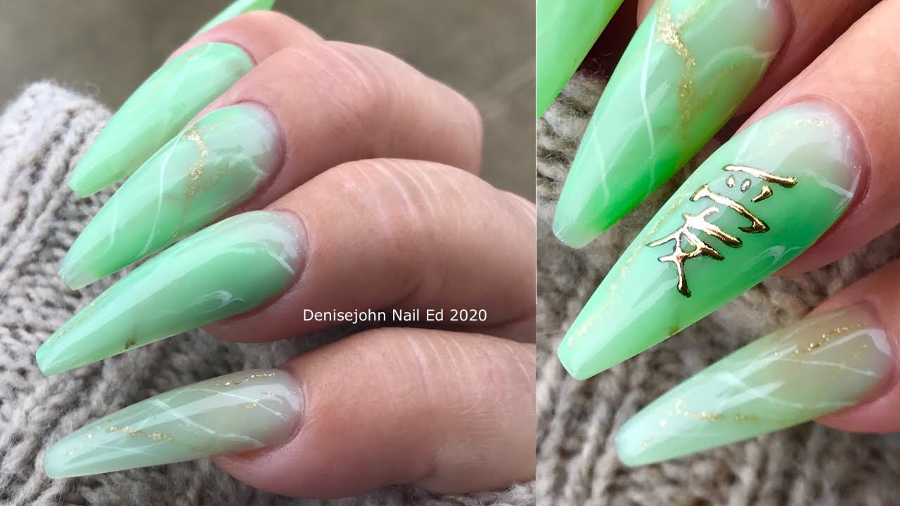 Jade Green Nails with Chinese Writing in Love  / Builder Gel In  Green Jade Color