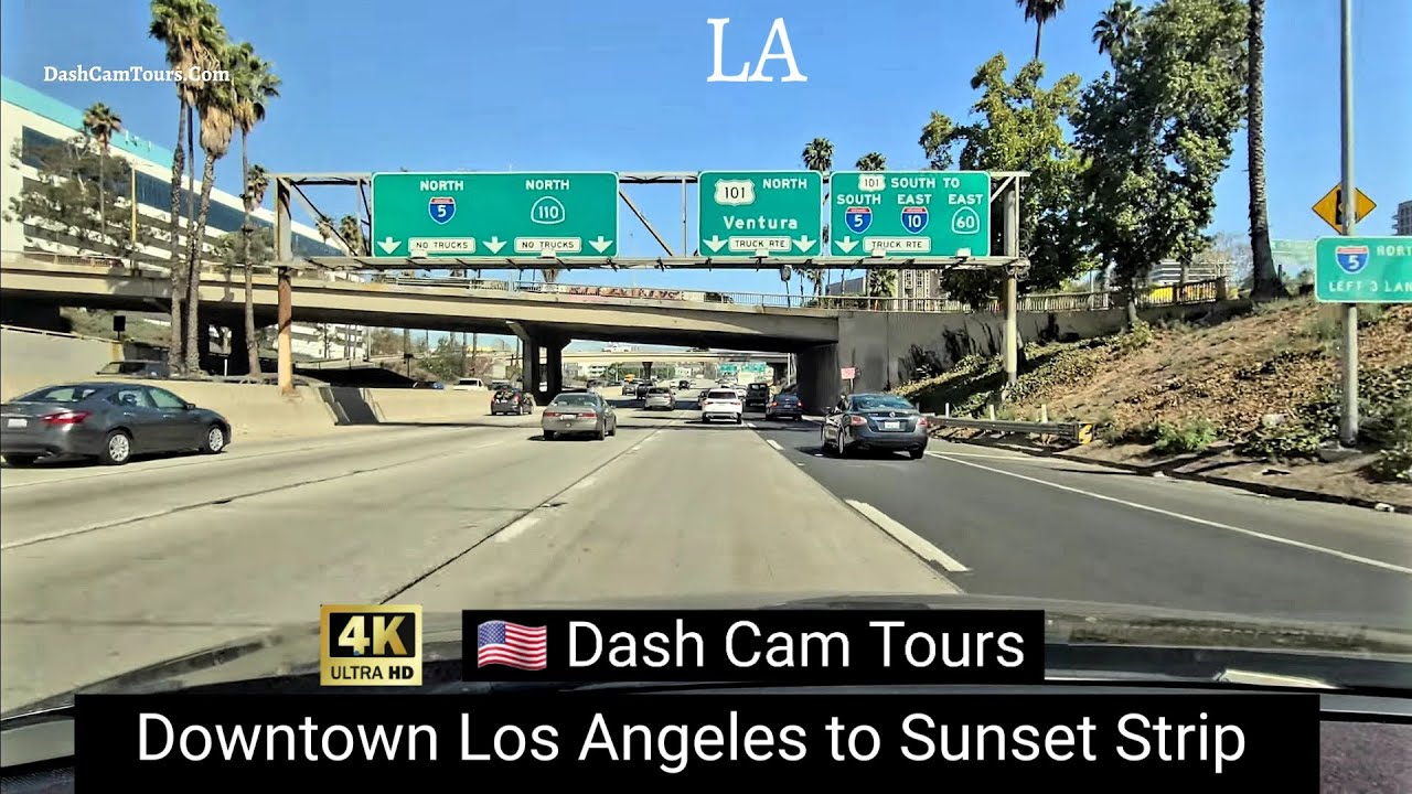 Driving from Downtown LA to Sunset Strip on Hollywood Freeway - 4K