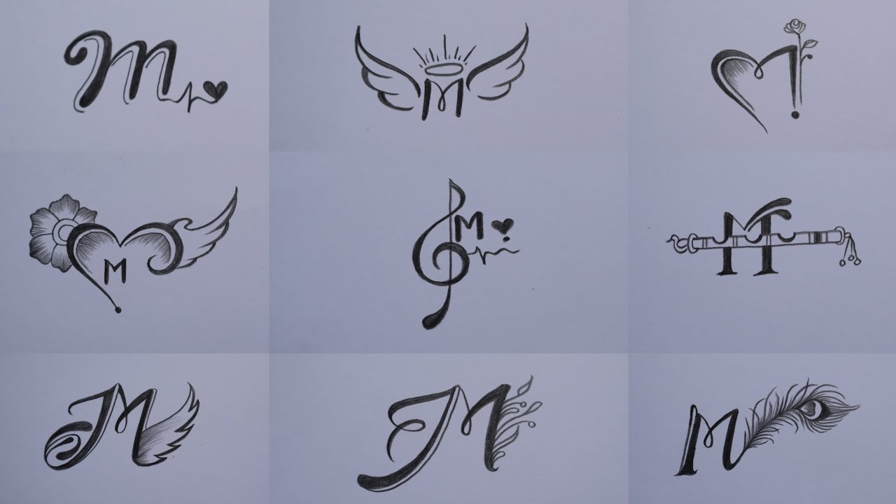 Making different type of M letter tattoo design with pencil