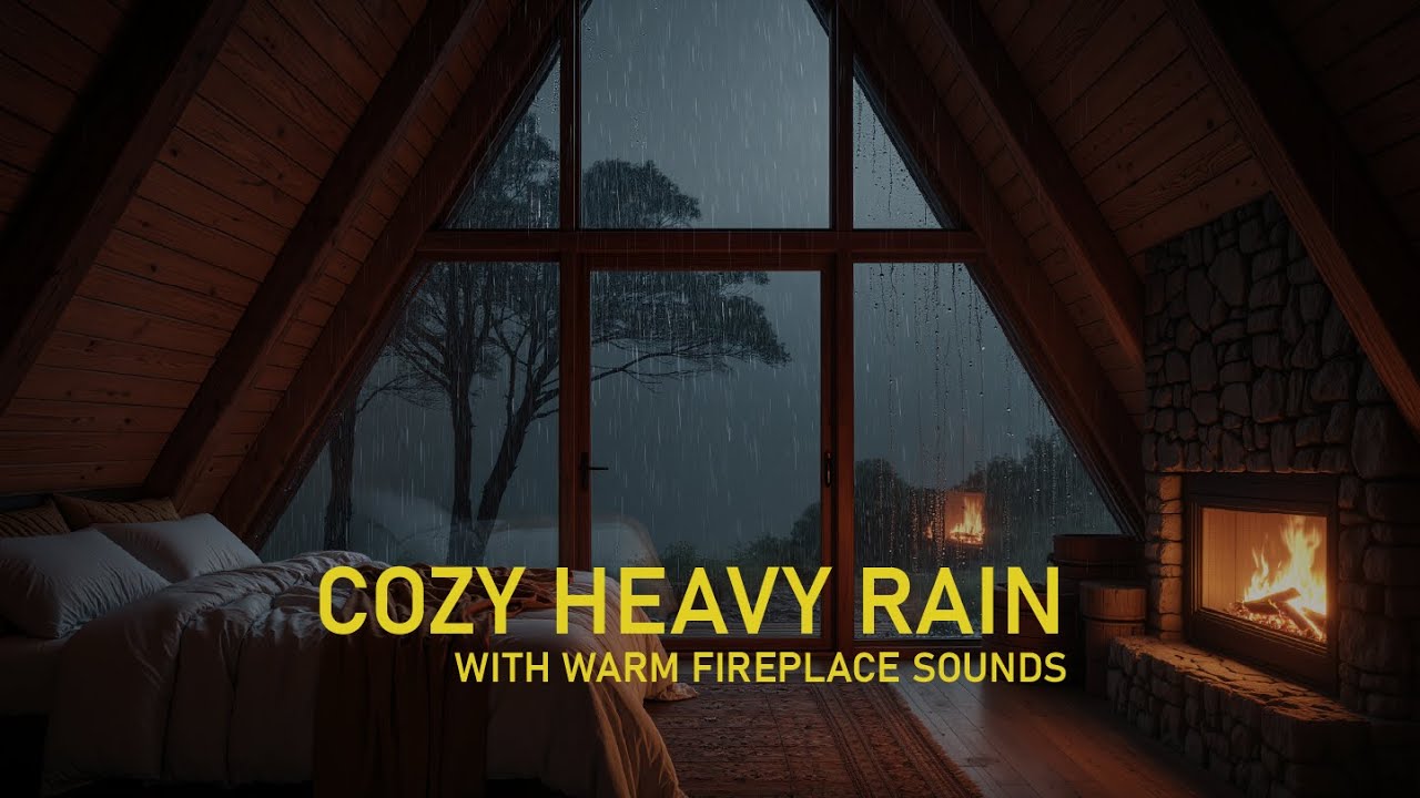 COZY A-FRAME CABIN RAIN ⛈️ Heavy Thunderstorm & Fireplace Sounds [No Music]
