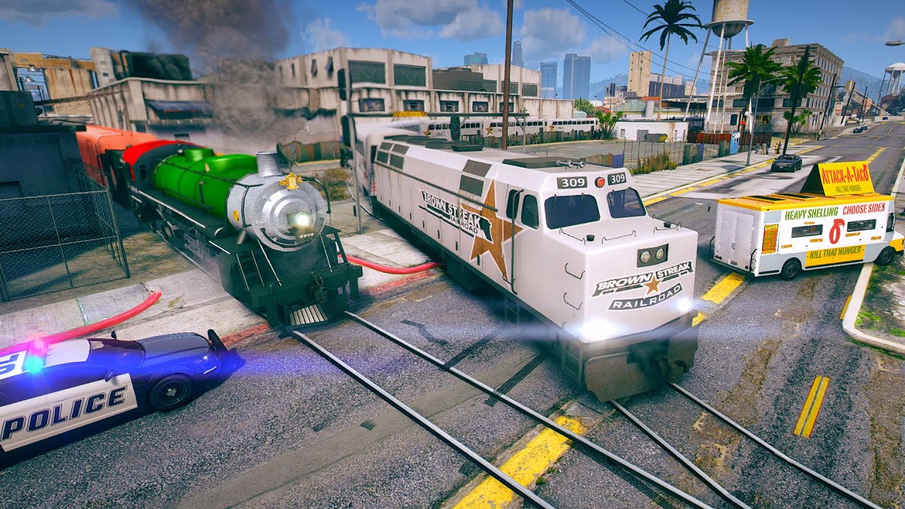BROWN STREAK Train drives through Abandoned Railroads with 5 STARS Police Chase! Grand Theft Auto V
