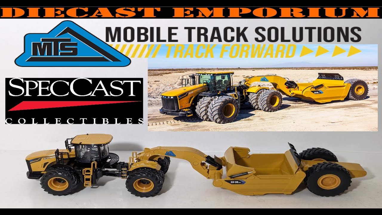 1:50 Scale SpecCast Mobile Track Solutions MTS 3630 Switchback Tractor with 33-38XL Towed Scraper