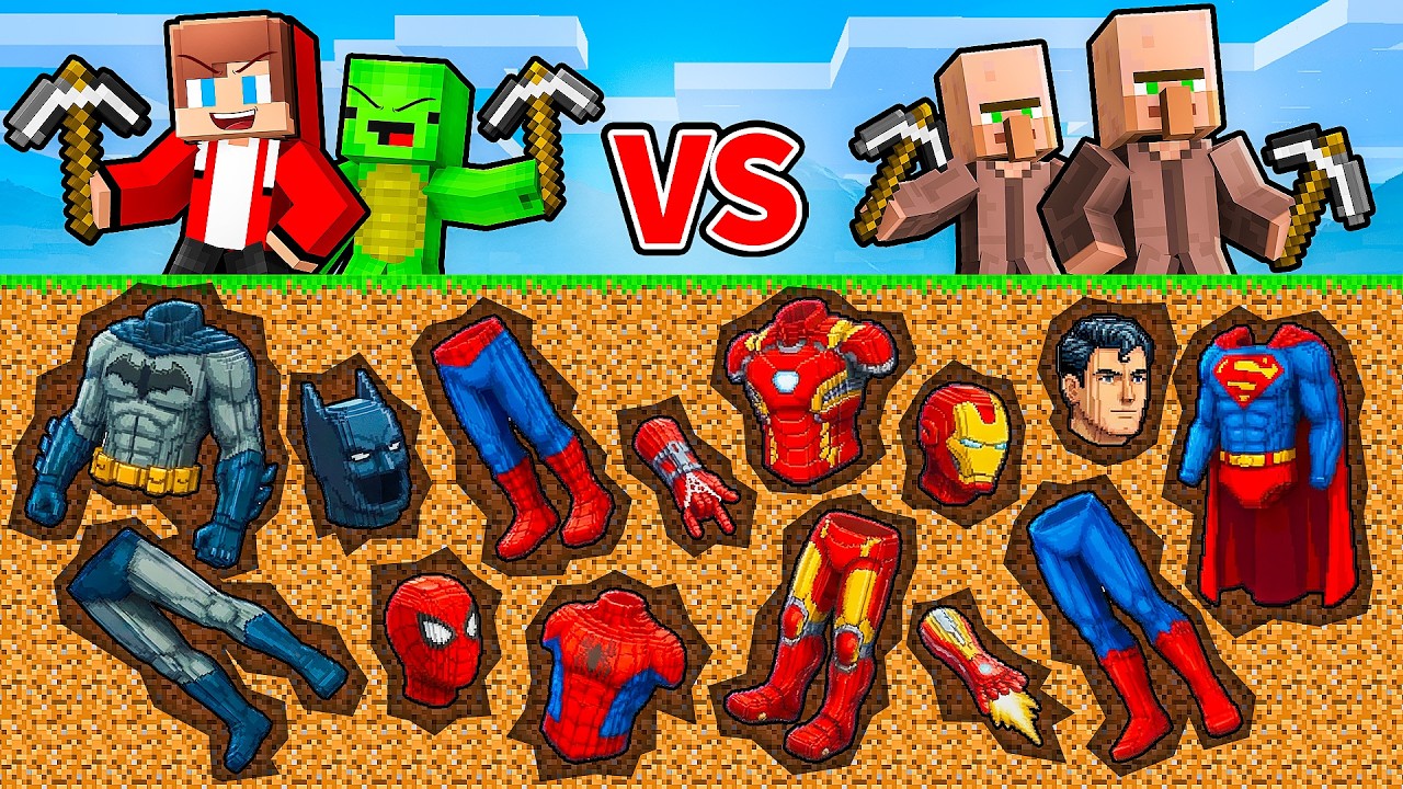 JJ and Mikey vs Villagers: SUPERHEROES MINE BATTLE in Minecraft - Maizen