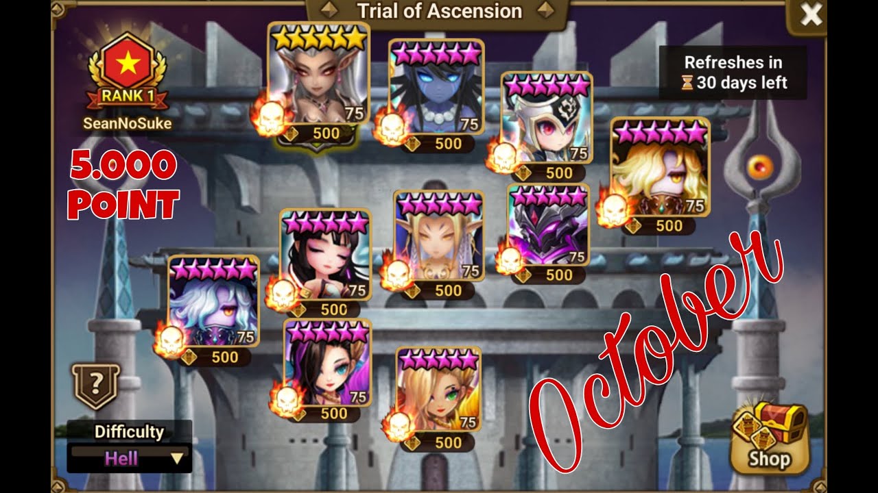 TOA Hell, октябрь 2025, этап 1–10 (5000 очков) — Summoners War