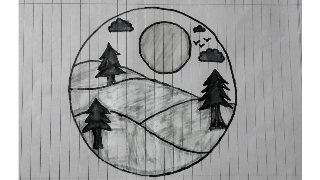 How to Draw a Peaceful Green Hill Scenery in a Circle 🌲