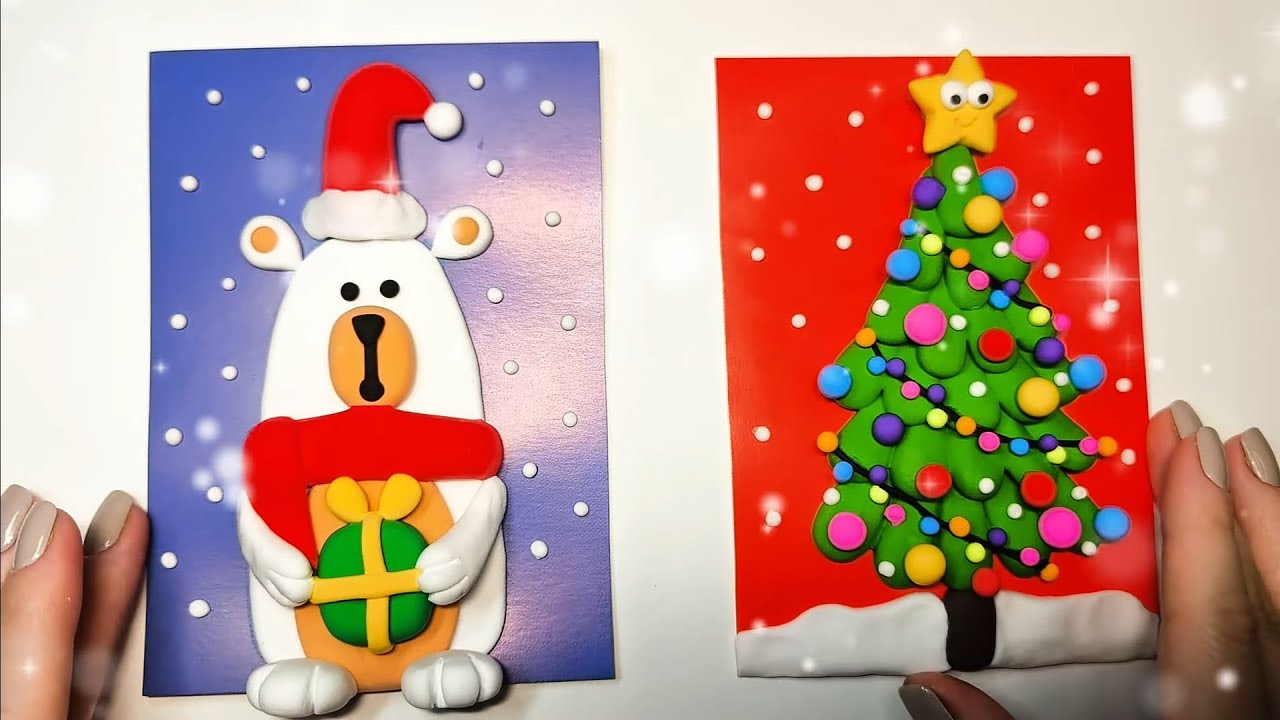 DIY 2 Christmas Cards with Air Dry Clay🧸🎄❄️ | 3D Holiday Greeting Cards Tutorial 🧸🎄