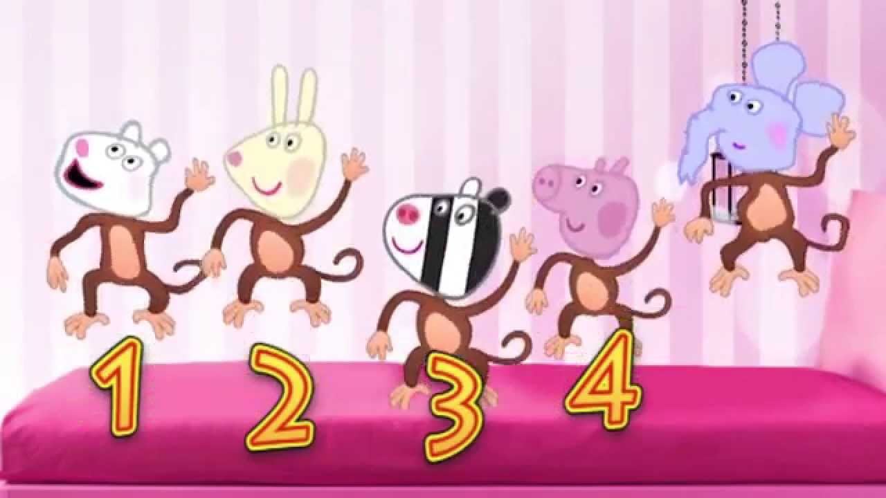 5 Peppa Pig macaquinhos pulando no colchão em Português - Cinco macaquinhos pulando no colchão