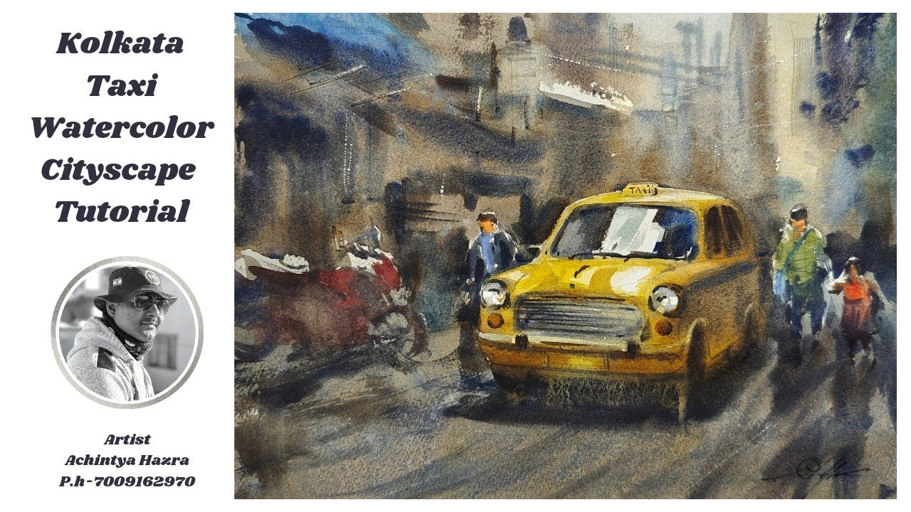 Watercolor Cityscape Tutorial /Kolkata Yellow Taxi / Perspective/Human Figure/Artist Achintya Hazra