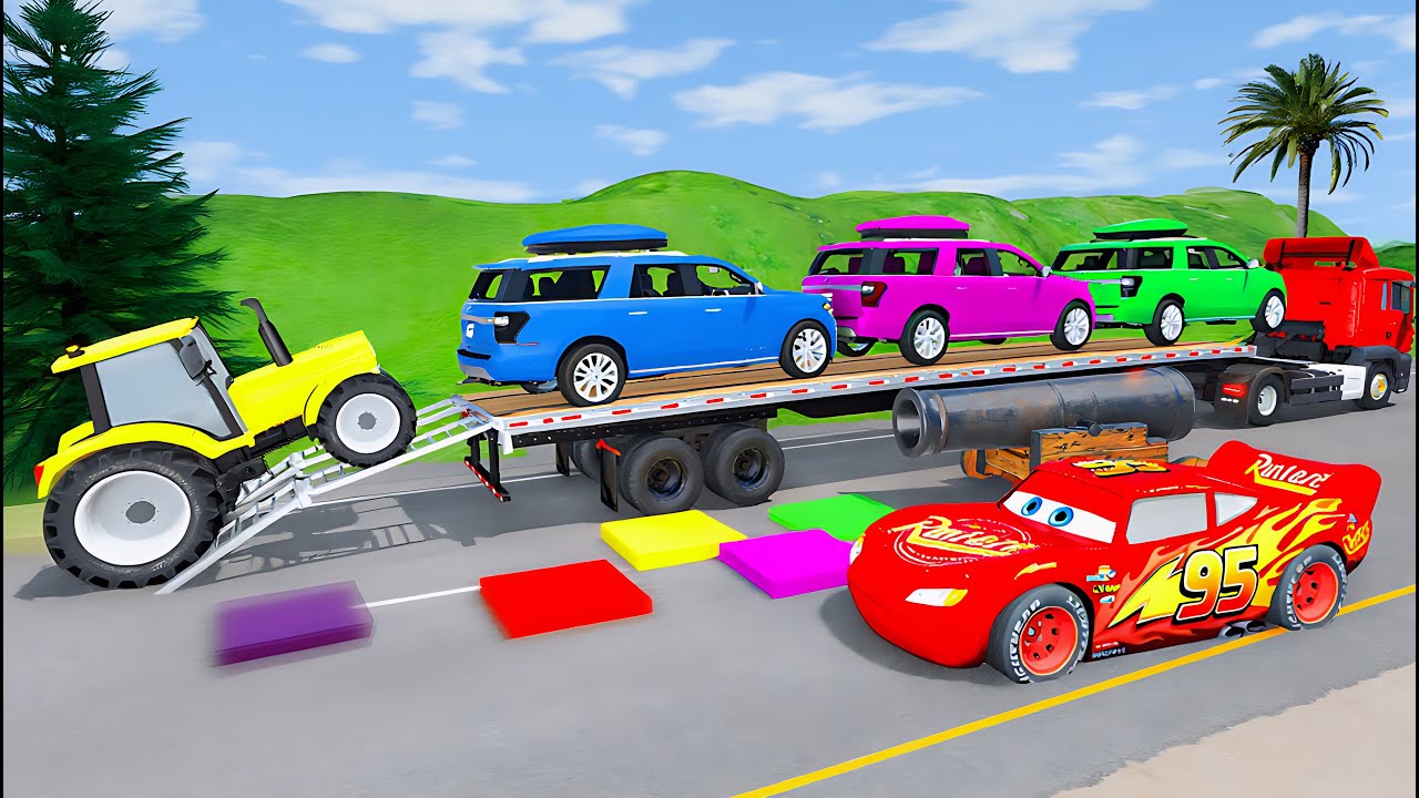 Flatbed Truck McQueen | Transportation with Truck - Pothole vs Car #8 | BeamNG.Drive Gameplay