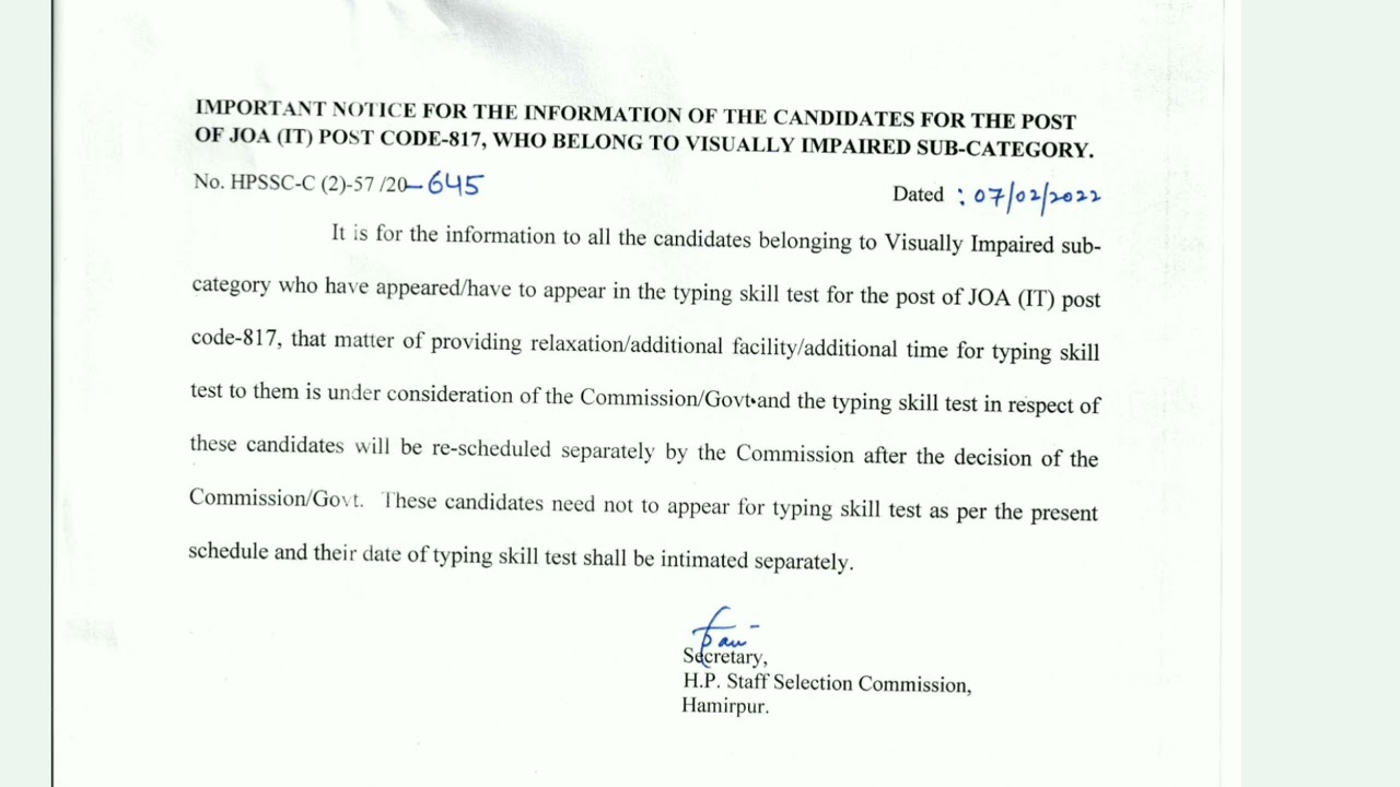 HPSSC Hamirpur JOA IT 817 Post Code Important Notification 882 Supervisor