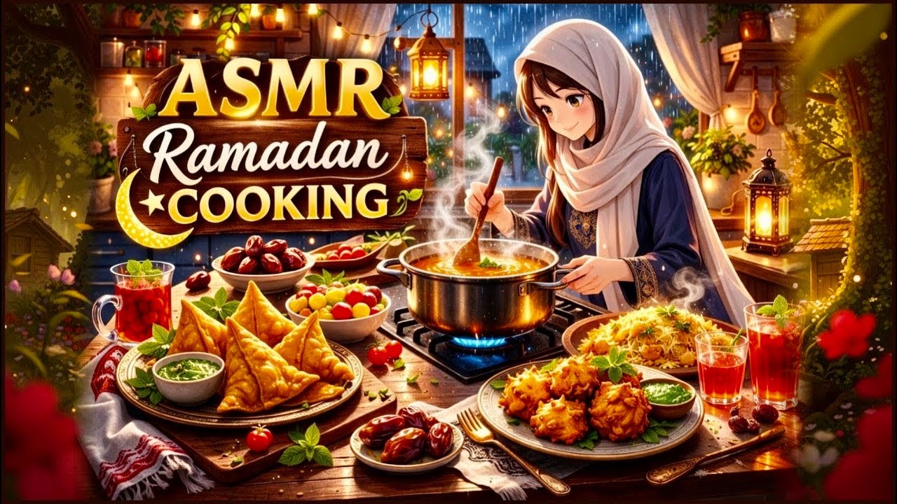 Relaxing ASMR Ramadan Cooking | Cozy Ghibli-Style Iftar with Rainy Vibes 🌧️🍴
