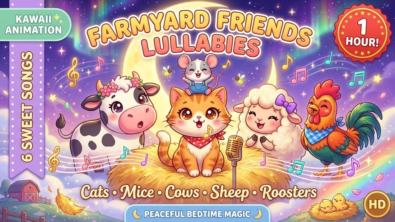 Farmyard Friends Lullabies | Sleepy Barn Animals Bedtime Songs for Kids | Cats Cows Sheep Roosters