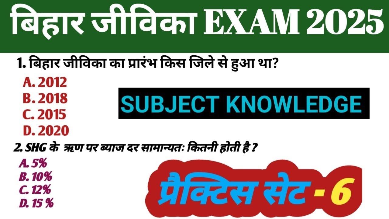 बिहार जीविका एग्जाम 2025|बिहार जीविका SUBJECT KNOWLEDGE  सेट -6| बिहार जीविका प्रीवियस ईयर प्रश्न 