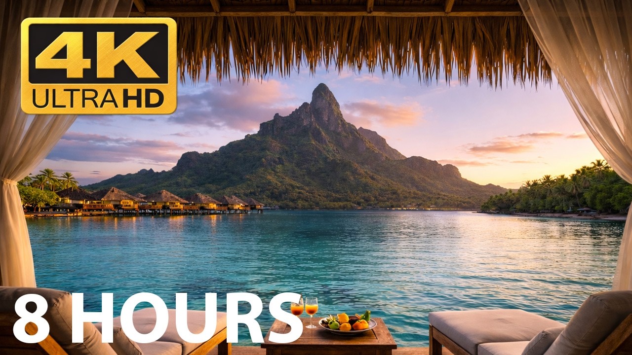 Bora Bora Sunset Fireplace 🔥 4K Ultra HD • Tropical Ocean Ambience • 8 Hours Relaxing Sounds