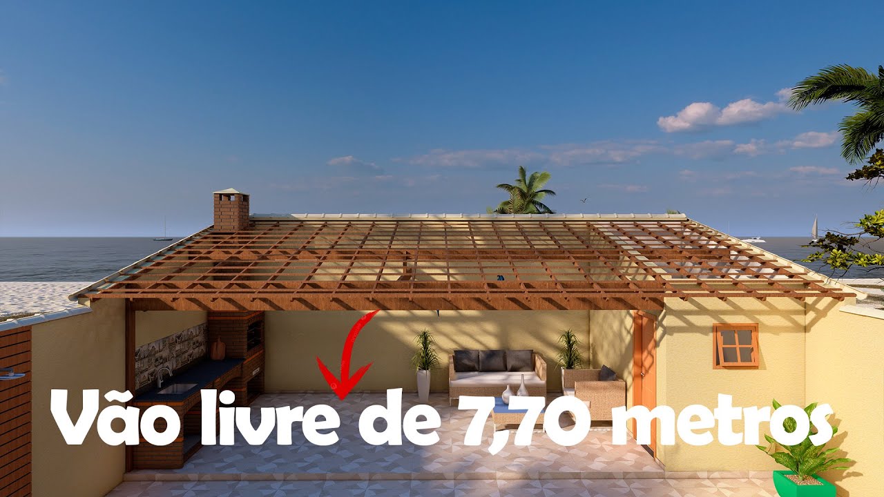 Vão livre de 7,70 m com peça de madeira serrada de 40 cm de altura.