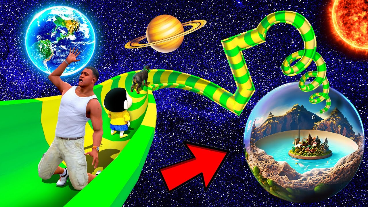 SHINCHAN AND FRANKLIN WENT TO SPACE THROUGH ROAD AND TRIED FLYING WORLD WATER SLIDE CHALLENGE GTA 5