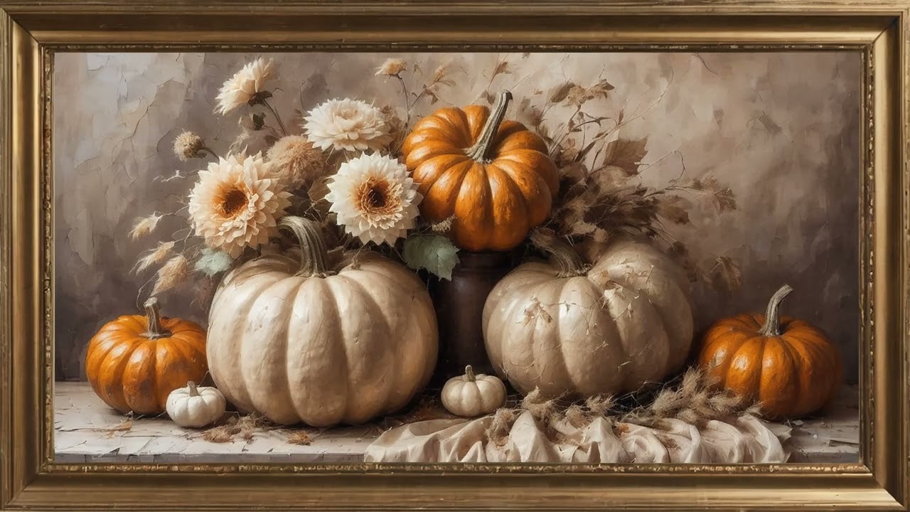 Fall Pumpkins and autumn flowers. Gold framed Vintage art screensaver. 4k TV Painting background