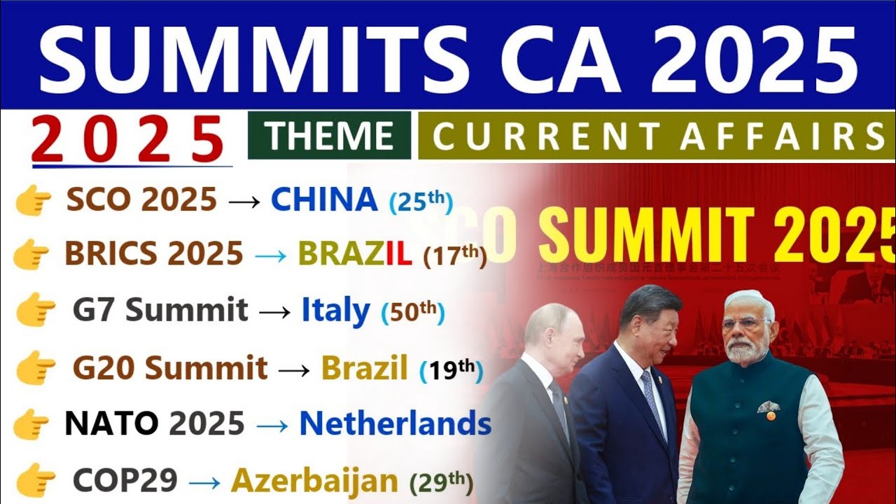 SUMMITS 2025 CURRENT AFFAIRS | SUMMIT 2025| SUMMITS, VENUE, THEME | 2025 CURRENT AFFAIRS |
