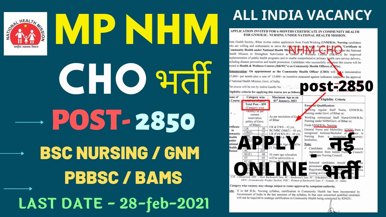 MP NHM CHO - POST - 2850 - BSC /GNM/PBBSC/BAMS - ALL INDIA VACANCY - LAST DATE आज - APPLY ONLINE