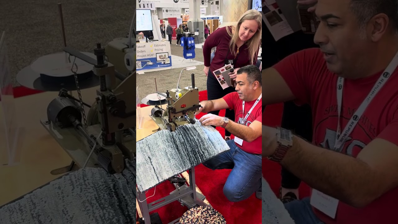 Carpet Binding machines for high-volume jobs.  NC table model carpet binders. Live demonstration.