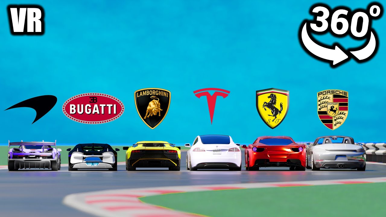 360° VR Video || Tesla vs Lamborghini  vs Porsche vs Bugatti vs Ferrari vs McLaren