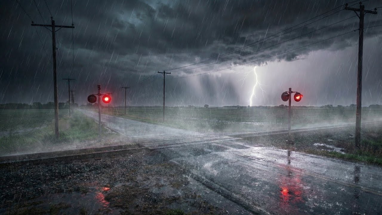 Thunderstorm Sounds at an Empty Railroad Crossing ⚡ Heavy Rain All Night for Sleep